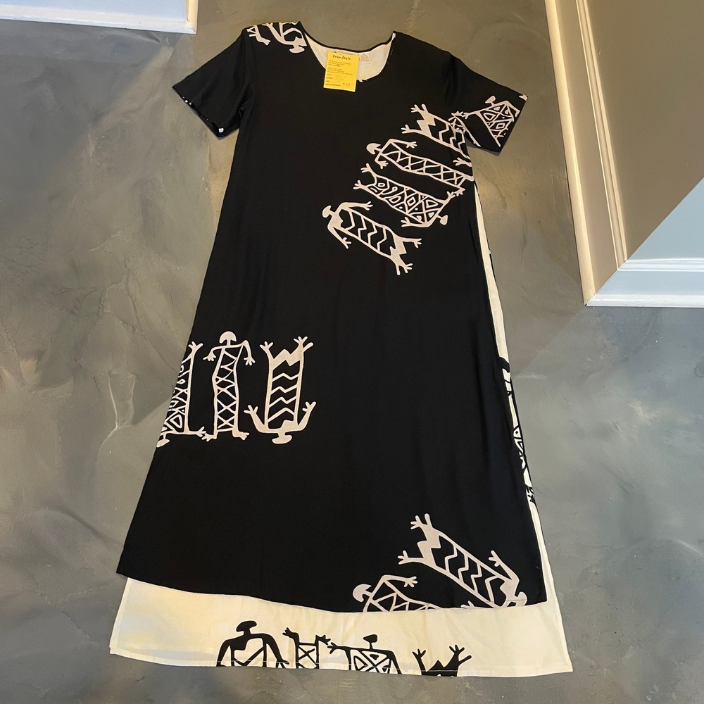 Freestyle Black White Tribal Print Maxi Dress Women's M Layered Side Slits Artsy